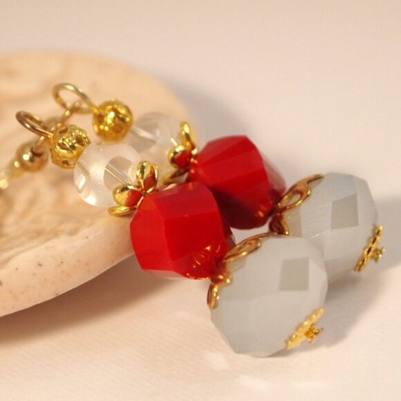 Faceted Glass Earrings Red and Grey Dangle Pierced or Clip-on Earrings - Picture 7 of 8